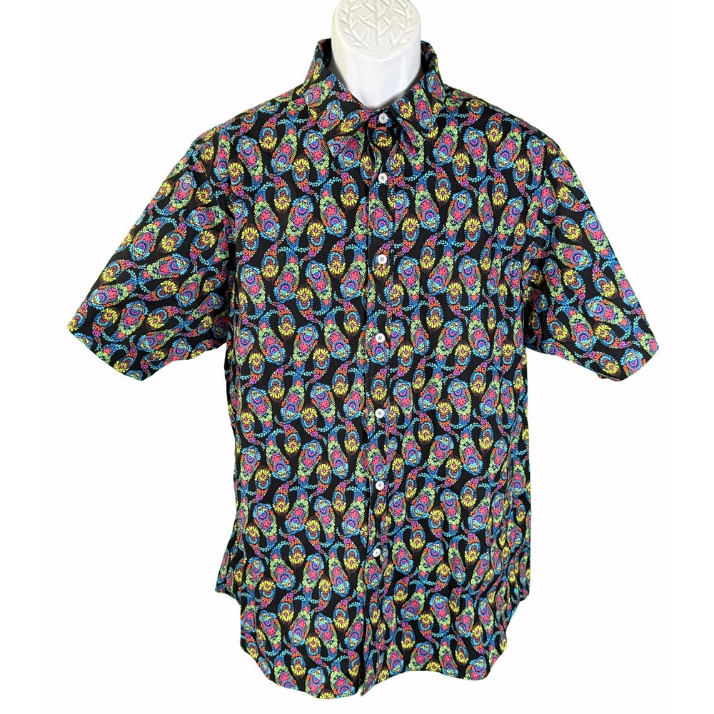 Cremieux Button Down Shirt Mens XL Black Multi Color Paisley Psychedelic Stretch